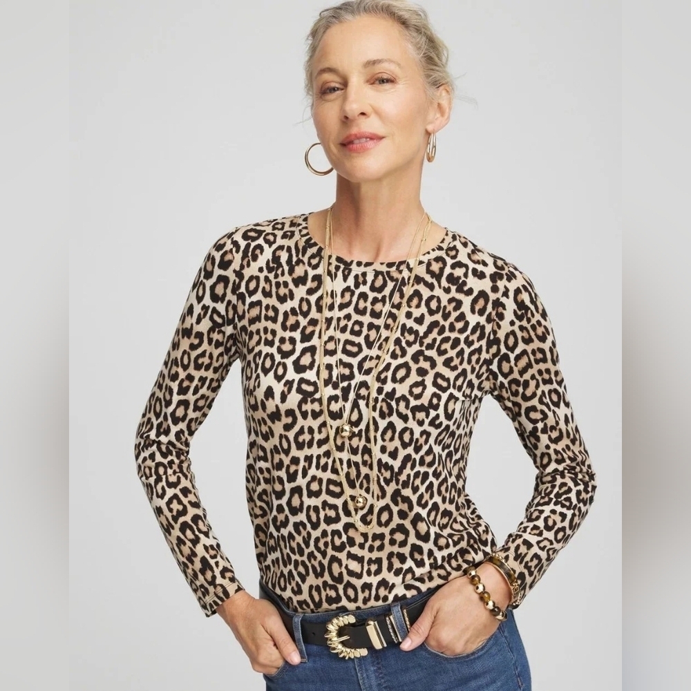Chico's NWT Touch Of Cool Animal Leopard LS Layering Tee Camel 3/XL